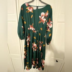 Shein XL dress, green with yellow gold, and pink flowers, with a belt you tie.